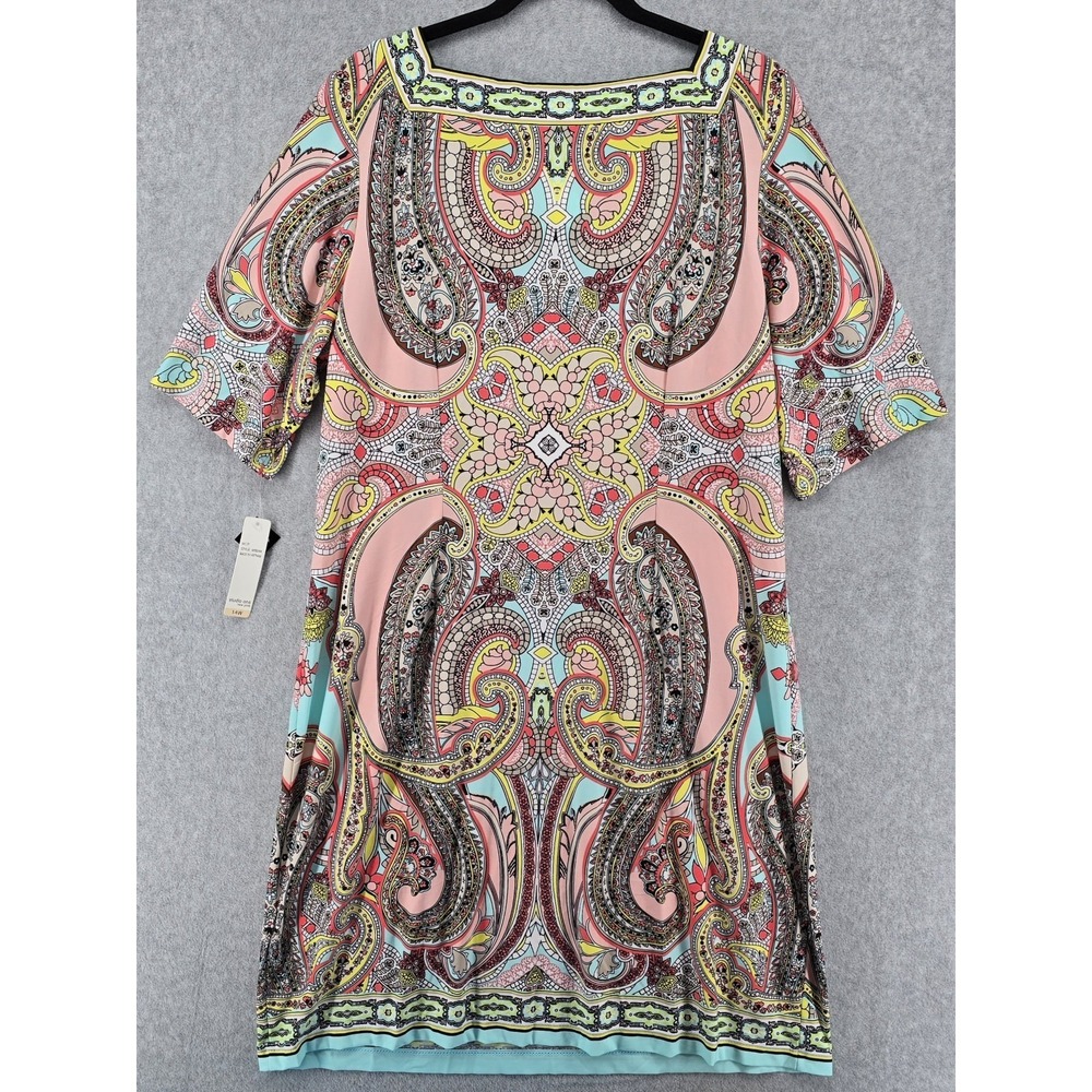 Studio One Moroccan Dress‎ 14W Stretch Sheath Pink Multi Boho Hippie 70s Mod NEW - Picture 2 of 7